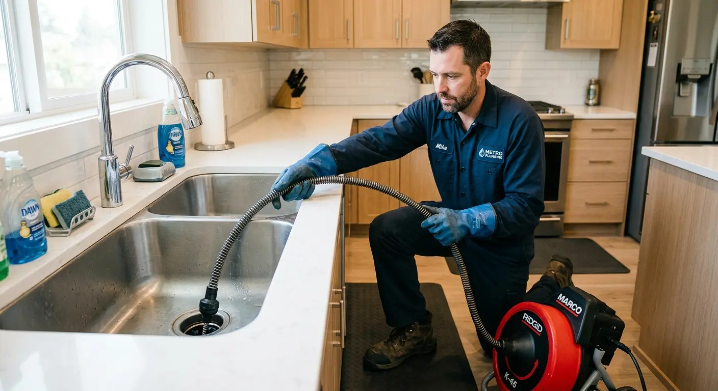 Drain cleaning technician using a motorized snake on a kitchen sink in Valley Stream