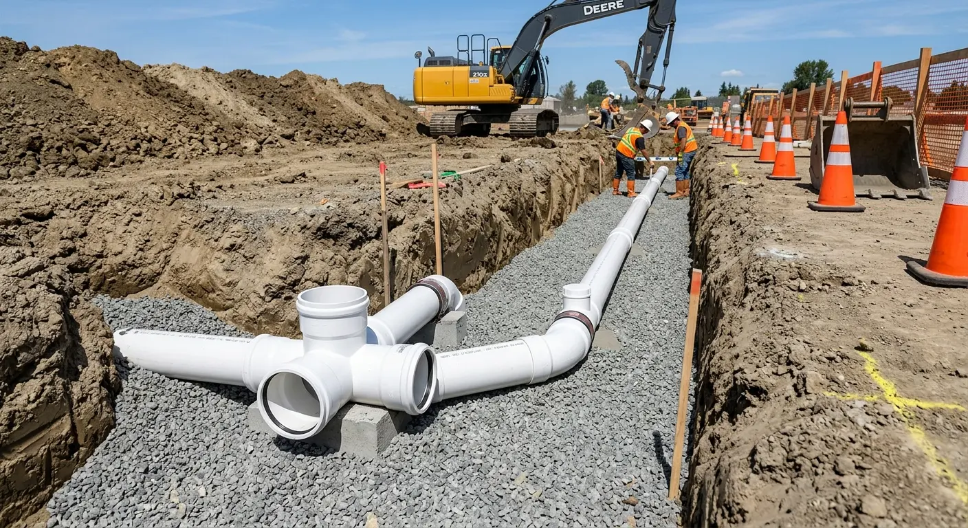 New PVC sewer pipe installation in open trench for Grease Trap Cleaning in Valley Stream