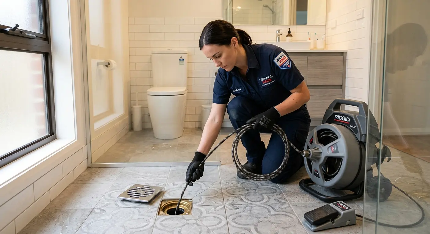 Technician clearing a bathroom floor drain for Drain Cleaning in Valley Stream